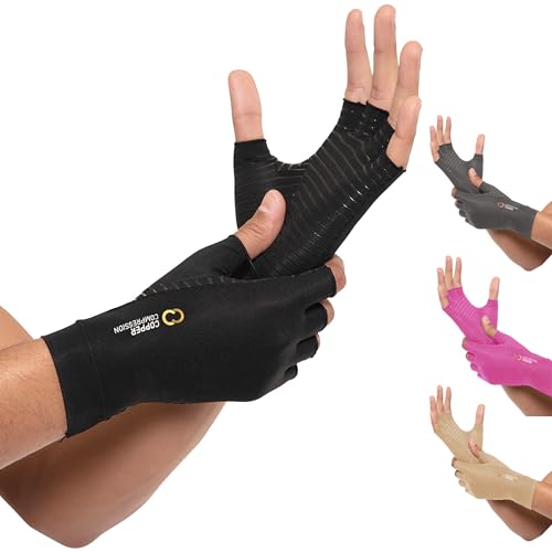 Copper Compression Arthritis Gloves | Fingerless Arthritis Carpal Tunnel Pain Relief Gloves For Men & Women | Hand Support Wrist Brace For Rheumatoid, Tendonitis, Swelling, Crocheting, Typing (M)|B00ZO4WW7Q